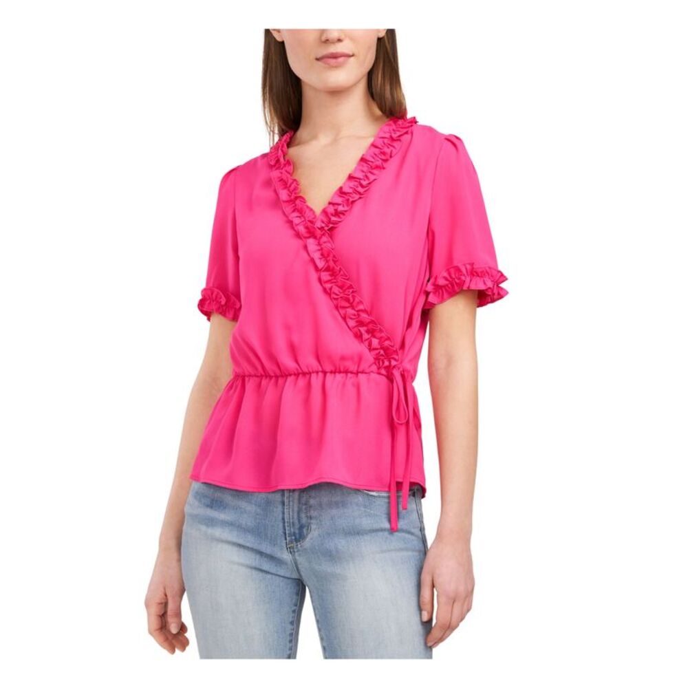 RILEY&RAE Womens Tie Flouncy Ruffles Short Sleeve Surplice Neckline Wrap Top